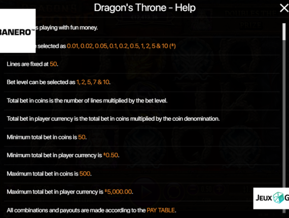 machine à sous Dragons Throne écran 4